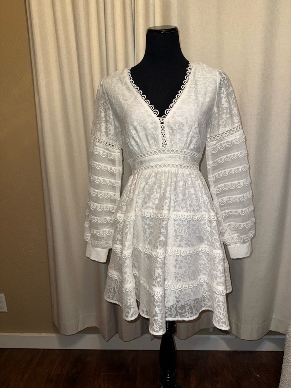 White Lace V-Neck Tiered Mini Dress